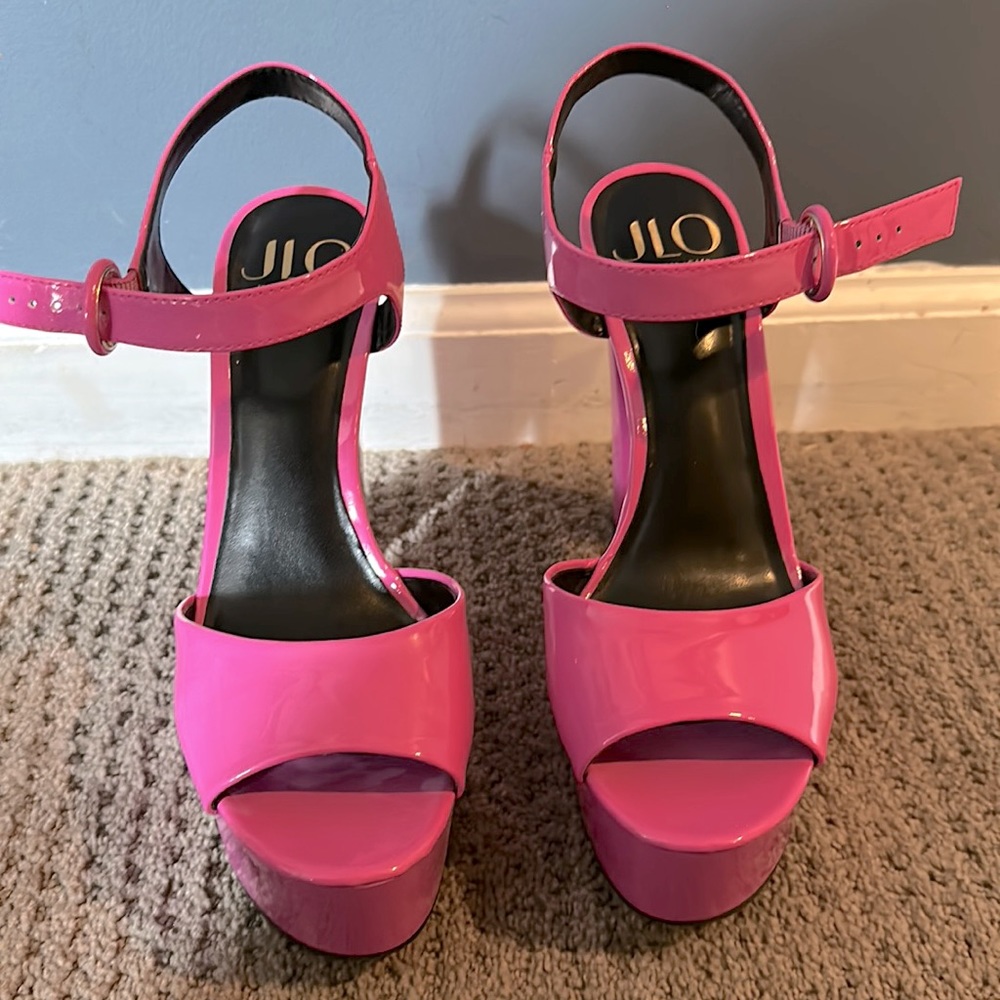 JLo pink patent leather platforms